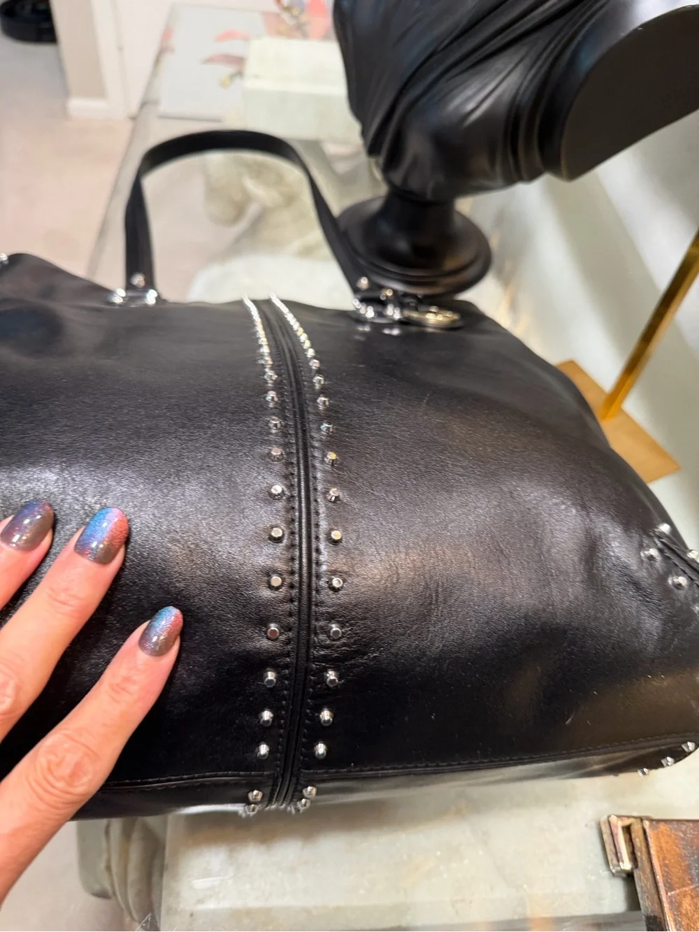 Michael Kors Black Leather Studded Chic Top Handle Tote NWOT